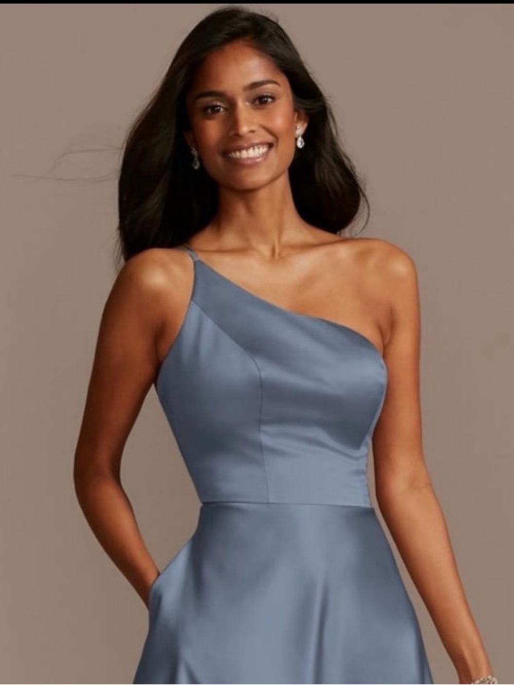 David's Bridal One-Shoulder A-Line Satin Asymmetrical Dress, Slate Blue, Size 16